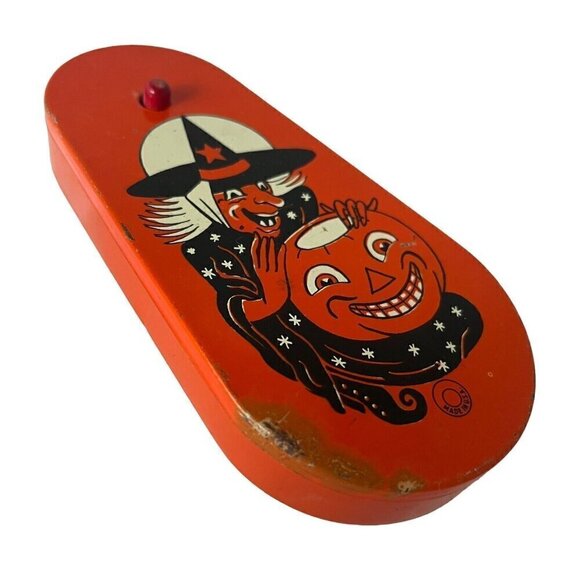 Vintage US Metal Toy Halloween Tin Rattle Noisemaker Witch Pumpkin Ratchet Crank - Picture 3 of 8